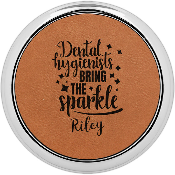 Custom Dental Hygienist Leatherette Round Coaster w/ Silver Edge (Personalized)