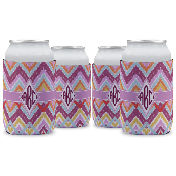 Custom Ikat Chevron Can Cooler (12 oz) - Set of 4 w/ Monogram