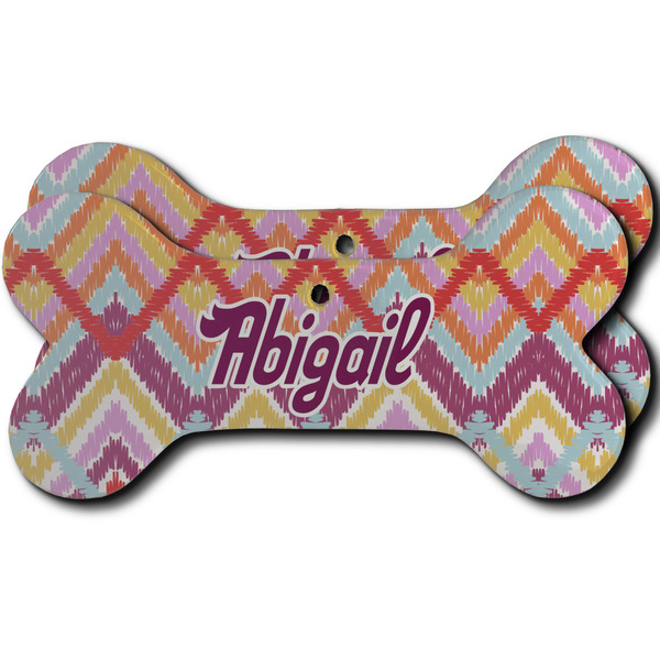 Custom Ikat Chevron Ceramic Dog Ornament - Front & Back w/ Monogram