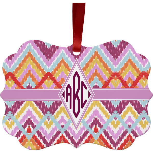 Custom Ikat Chevron Metal Frame Ornament - Double Sided w/ Monogram