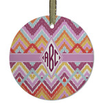 Ikat Chevron Flat Glass Ornament - Round w/ Monogram