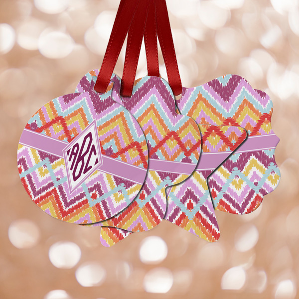 Custom Ikat Chevron Metal Ornaments - Double Sided w/ Monogram