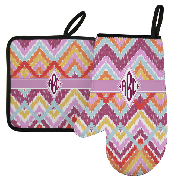 Custom Ikat Chevron Left Oven Mitt & Pot Holder Set w/ Monogram