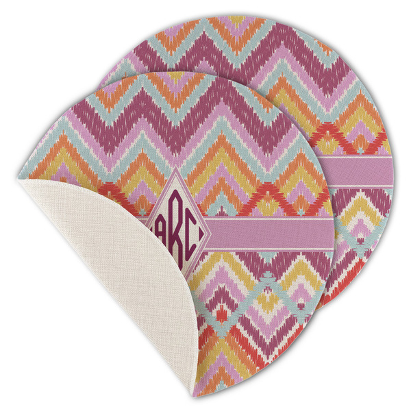 Custom Ikat Chevron Round Linen Placemat - Single Sided - Set of 4 (Personalized)