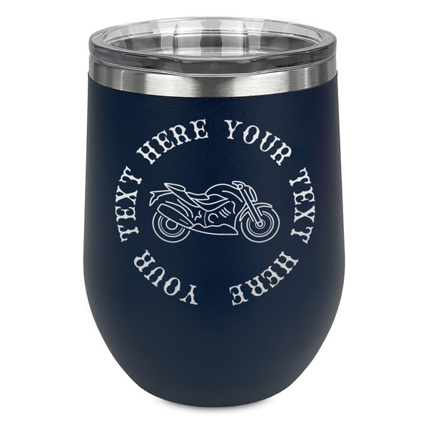 Custom Motorcycle Stemless Stainless Steel Wine Tumbler - Navy - Double Sided (Personalized)