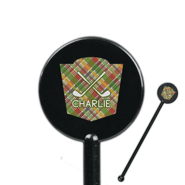 Custom Golfer's Plaid 5.5" Round Plastic Stir Sticks - Black - Double Sided (Personalized)