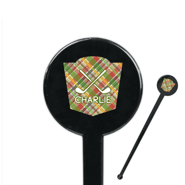 Custom Golfer's Plaid 7" Round Plastic Stir Sticks - Black - Double Sided (Personalized)