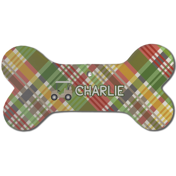 Custom Golfer's Plaid Ceramic Dog Ornament - Front w/ Name or Text