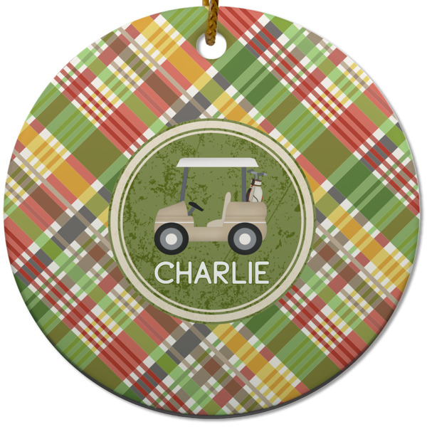 Custom Golfer's Plaid Round Ceramic Ornament w/ Name or Text