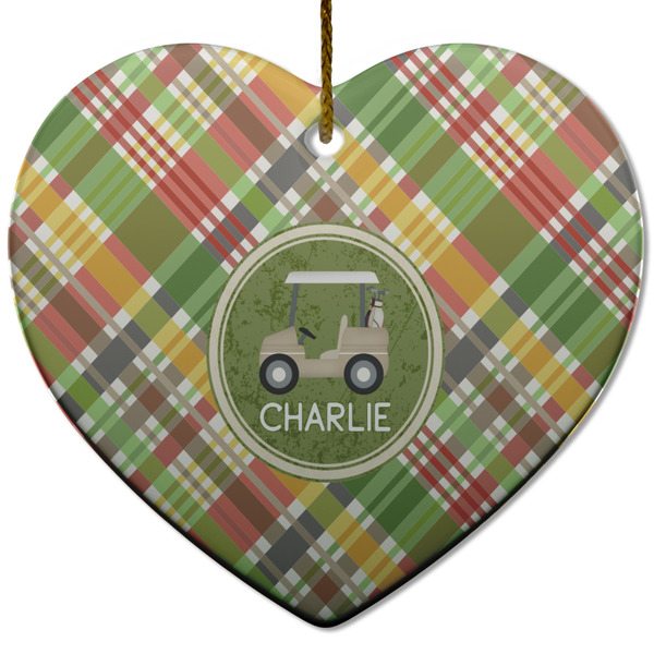 Custom Golfer's Plaid Heart Ceramic Ornament w/ Name or Text