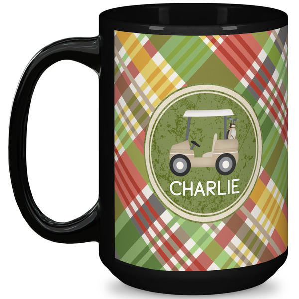 Custom Golfer's Plaid 15 Oz Coffee Mug - Black (Personalized)