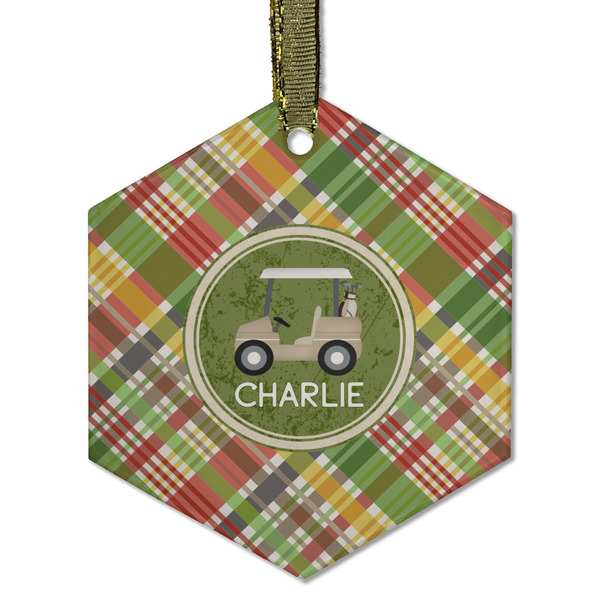 Custom Golfer's Plaid Flat Glass Ornament - Hexagon w/ Name or Text