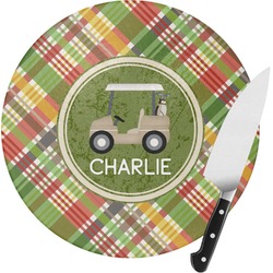 Golfer's Plaid Round Glass Cutting Board - Medium (Personalized)