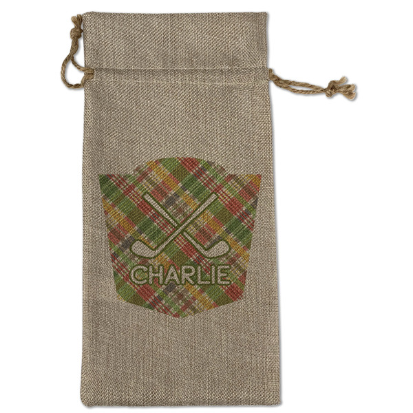 Custom Golfer's Plaid Large Burlap Gift Bag - Front (Personalized)