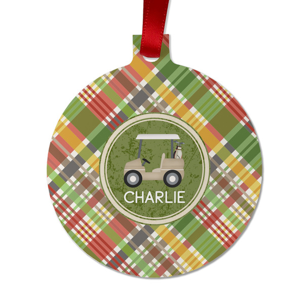 Custom Golfer's Plaid Metal Ball Ornament - Double Sided w/ Name or Text