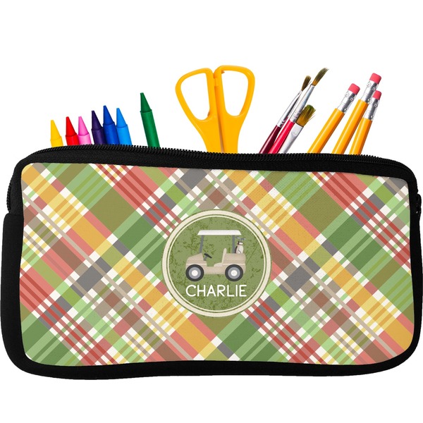 Custom Golfer's Plaid Neoprene Pencil Case - Small w/ Name or Text