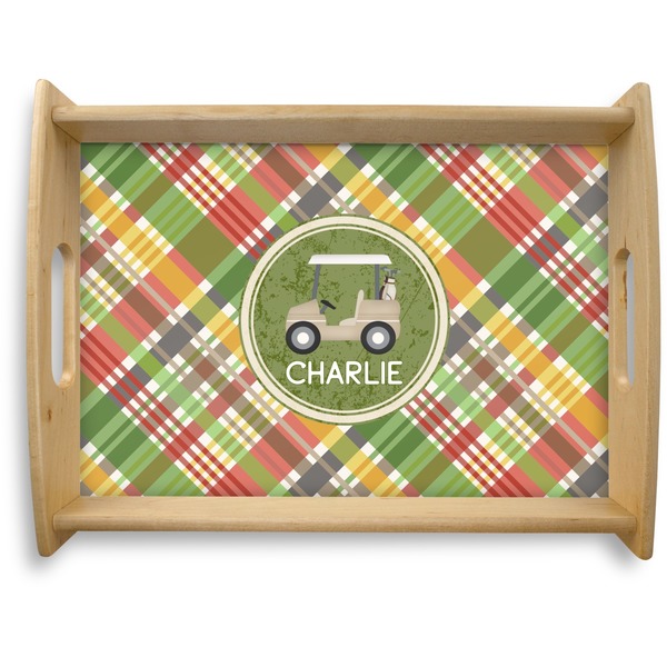 Custom Golfer's Plaid Natural Wooden Tray - Large (Personalized)