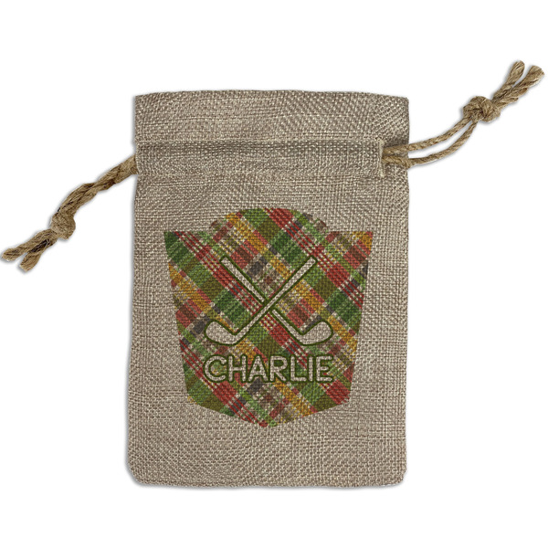 Custom Golfer's Plaid Small Burlap Gift Bag - Front (Personalized)