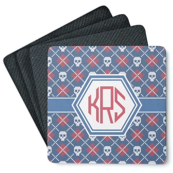 Custom Knitted Argyle & Skulls Square Rubber Backed Coasters - Set of 4 (Personalized)