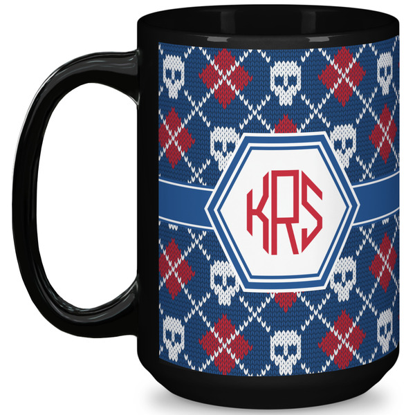 Custom Knitted Argyle & Skulls 15 Oz Coffee Mug - Black (Personalized)