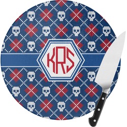 Knitted Argyle & Skulls Round Glass Cutting Board - Medium (Personalized)