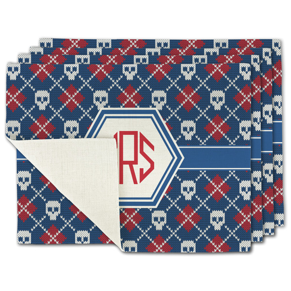 Custom Knitted Argyle & Skulls Single-Sided Linen Placemat - Set of 4 w/ Monogram