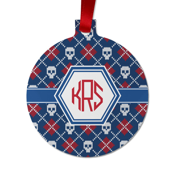 Custom Knitted Argyle & Skulls Metal Ball Ornament - Double Sided w/ Monogram