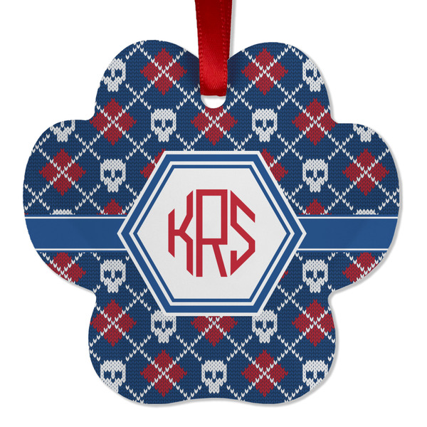 Custom Knitted Argyle & Skulls Metal Paw Ornament - Double Sided w/ Monogram