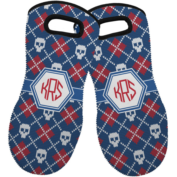 Custom Knitted Argyle & Skulls Neoprene Oven Mitts - Set of 2 w/ Monogram