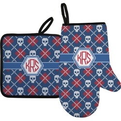 Knitted Argyle & Skulls Oven Mitt & Pot Holder Set w/ Monogram