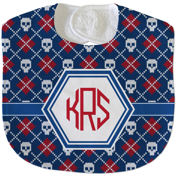 Custom Knitted Argyle & Skulls Velour Baby Bib w/ Monogram