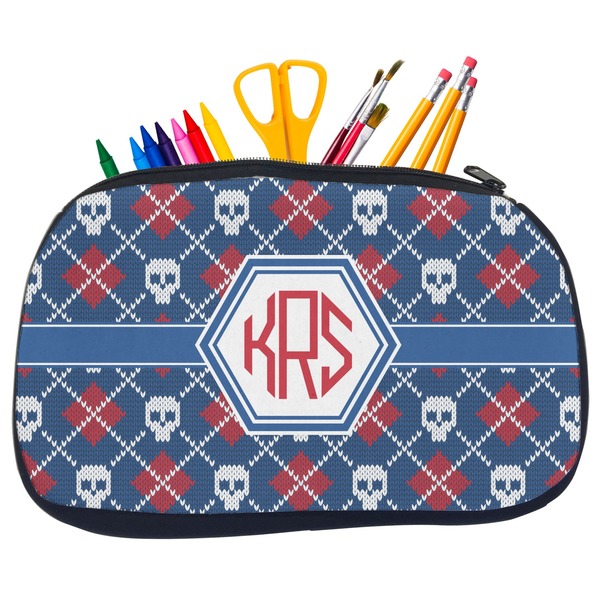 Custom Knitted Argyle & Skulls Neoprene Pencil Case - Medium w/ Monogram