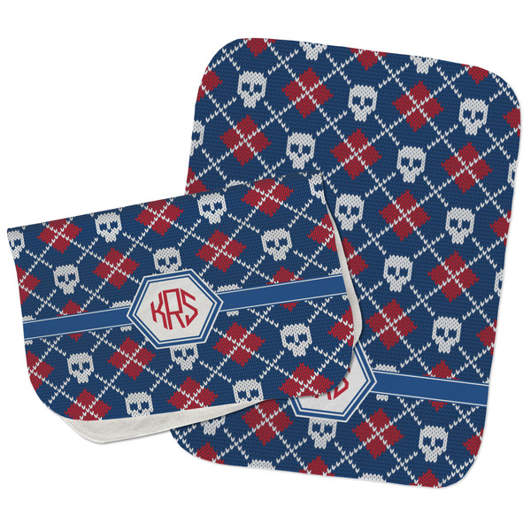 Custom Knitted Argyle & Skulls Burp Cloths - Fleece - Set of 2 w/ Monogram