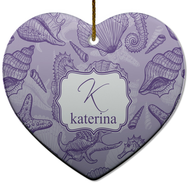 Custom Sea Shells Heart Ceramic Ornament w/ Name and Initial