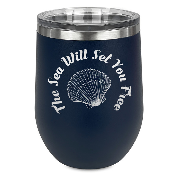 Custom Sea Shells Stemless Stainless Steel Wine Tumbler - Navy - Double Sided (Personalized)