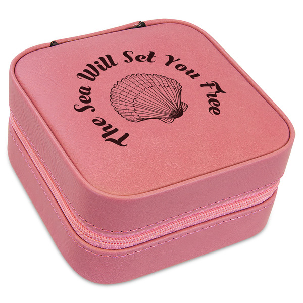 Custom Sea Shells Travel Jewelry Boxes - Pink Leather (Personalized)