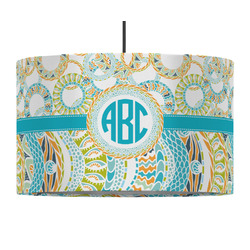 Teal Circles & Stripes 12" Drum Pendant Lamp - Fabric (Personalized)