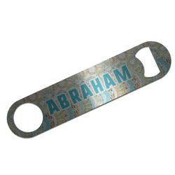 Teal Circles & Stripes Bar Bottle Opener - Silver w/ Monogram