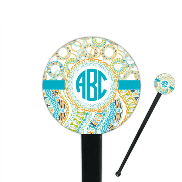 Custom Teal Circles & Stripes 7" Round Plastic Stir Sticks - Black - Single Sided (Personalized)