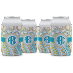 Teal Circles & Stripes Can Cooler (12 oz) - Set of 4 w/ Monogram