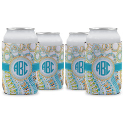 Teal Circles & Stripes Can Cooler (12 oz) - Set of 4 w/ Monogram