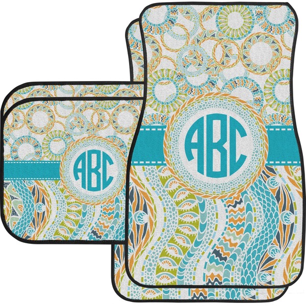 Custom Teal Circles & Stripes Car Floor Mats Set - 2 Front & 2 Back (Personalized)