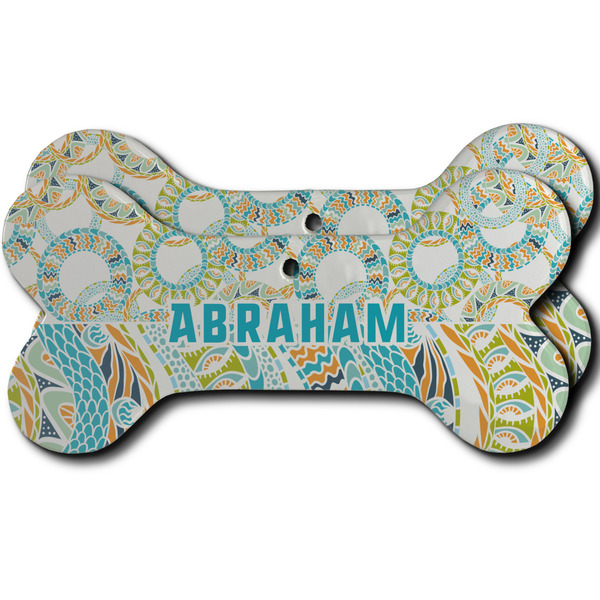 Custom Teal Circles & Stripes Ceramic Dog Ornament - Front & Back w/ Monogram