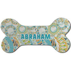 Teal Circles & Stripes Ceramic Dog Ornament - Front w/ Monogram