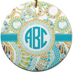 Teal Circles & Stripes Round Ceramic Ornament w/ Monogram