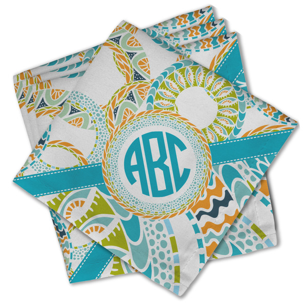 Custom Teal Circles & Stripes Cloth Cocktail Napkins - Set of 4 w/ Monogram