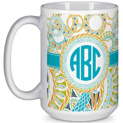 Teal Circles & Stripes 15 Oz Coffee Mug - White (Personalized)