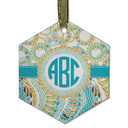 Teal Circles & Stripes Flat Glass Ornament - Hexagon w/ Monogram