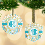 Teal Circles & Stripes Flat Glass Ornament w/ Monogram