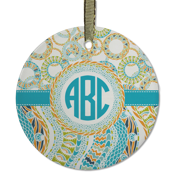 Custom Teal Circles & Stripes Flat Glass Ornament - Round w/ Monogram